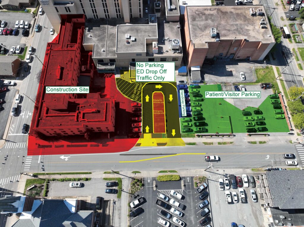 Aerial map of the Ephraim McDowell Regional Medical Center construction area showing the construction site, the ED drop off traffic lane for emergency vehicles only, handicap parking, and patient and visitor parking.